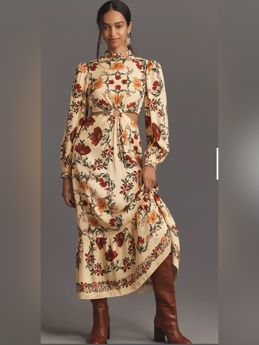 Anthropologie Farm Rio Cream Floral Cutout Maxi Dress with Rust & Olive Accents